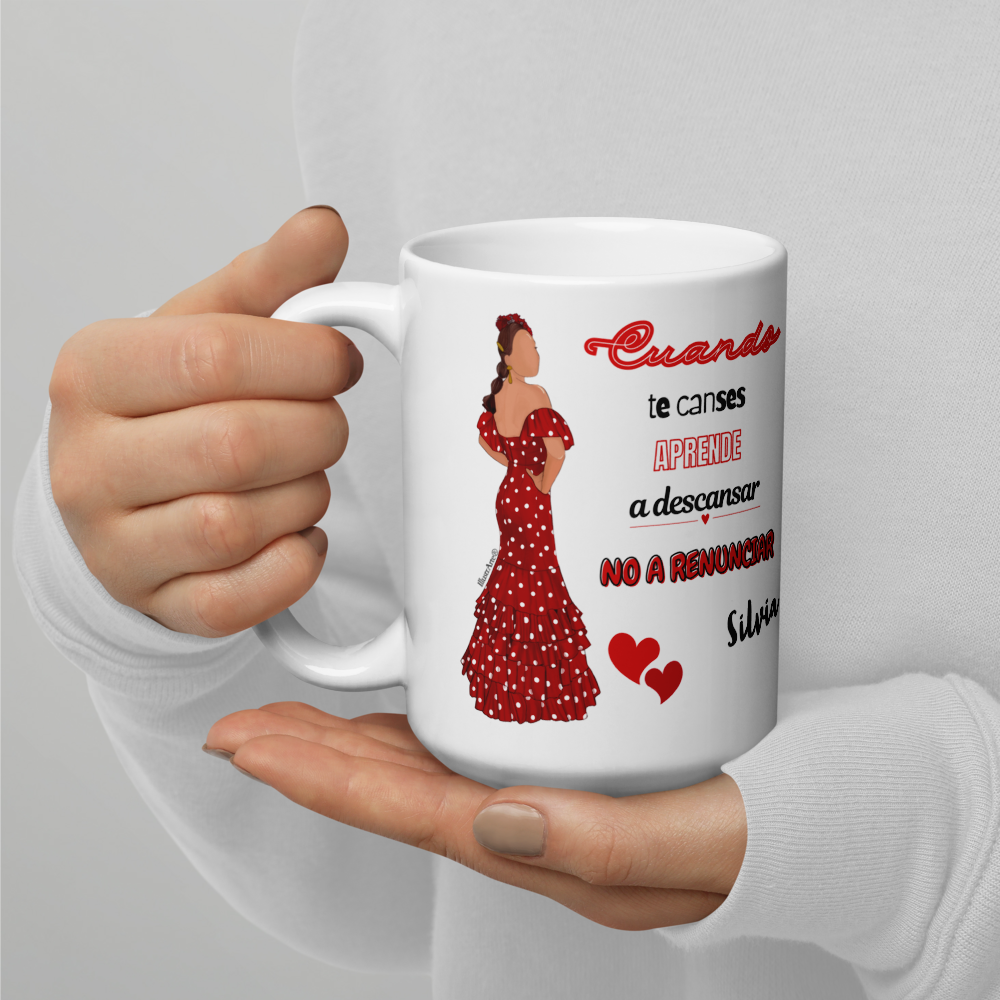 Taza de cerámica personalizable, Modelo flamenca Silvia con frase positiva.