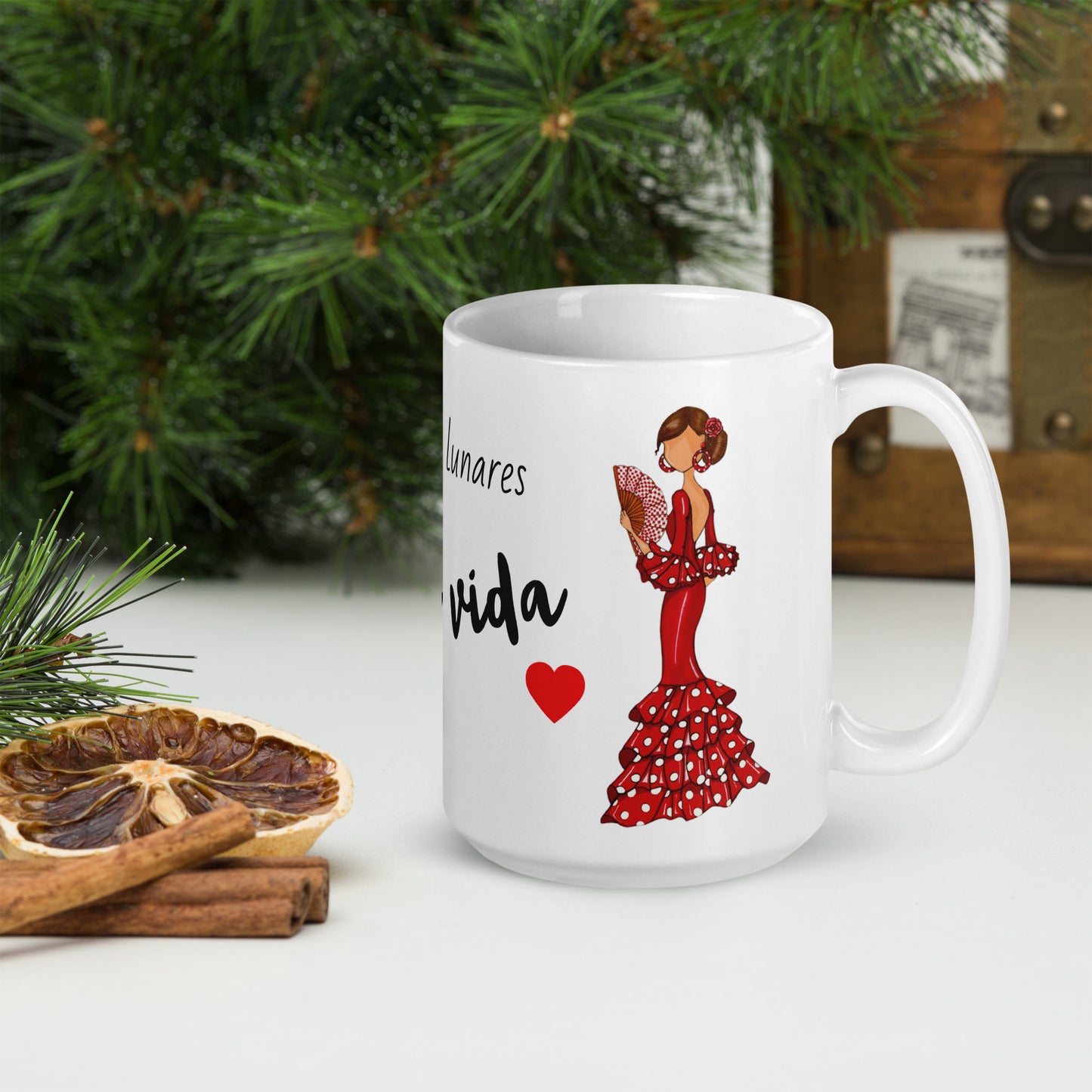 Flamenco Dancer Ceramic Mug, red dress with red hand fand design. - IllustrArte