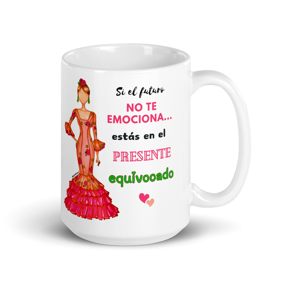 Taza de cerámica personalizable. Modelo flamenca Mónica con frase positiva.