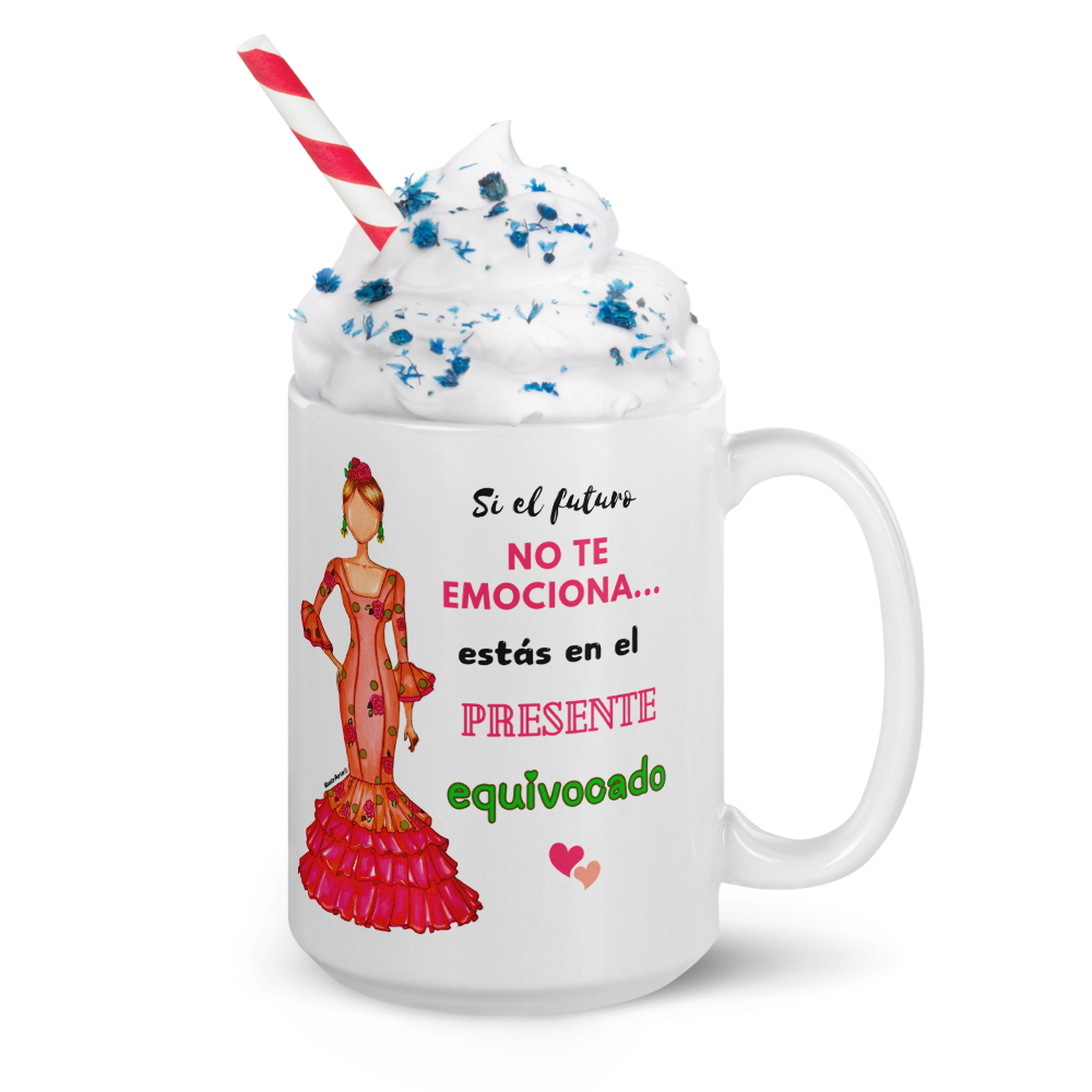 Taza de cerámica personalizable. Modelo flamenca Mónica con frase positiva.