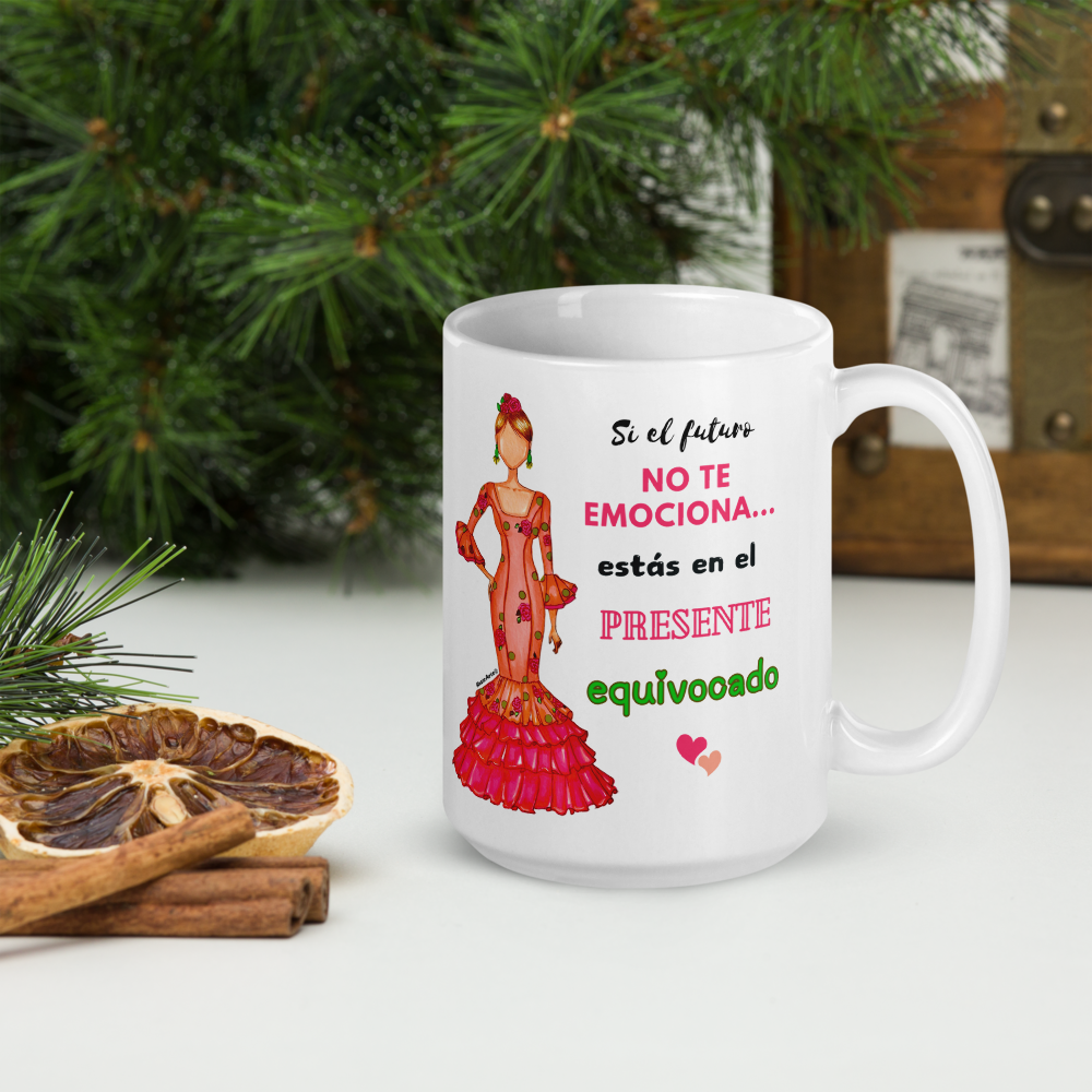 Taza de cerámica personalizable. Modelo flamenca Mónica con frase positiva.