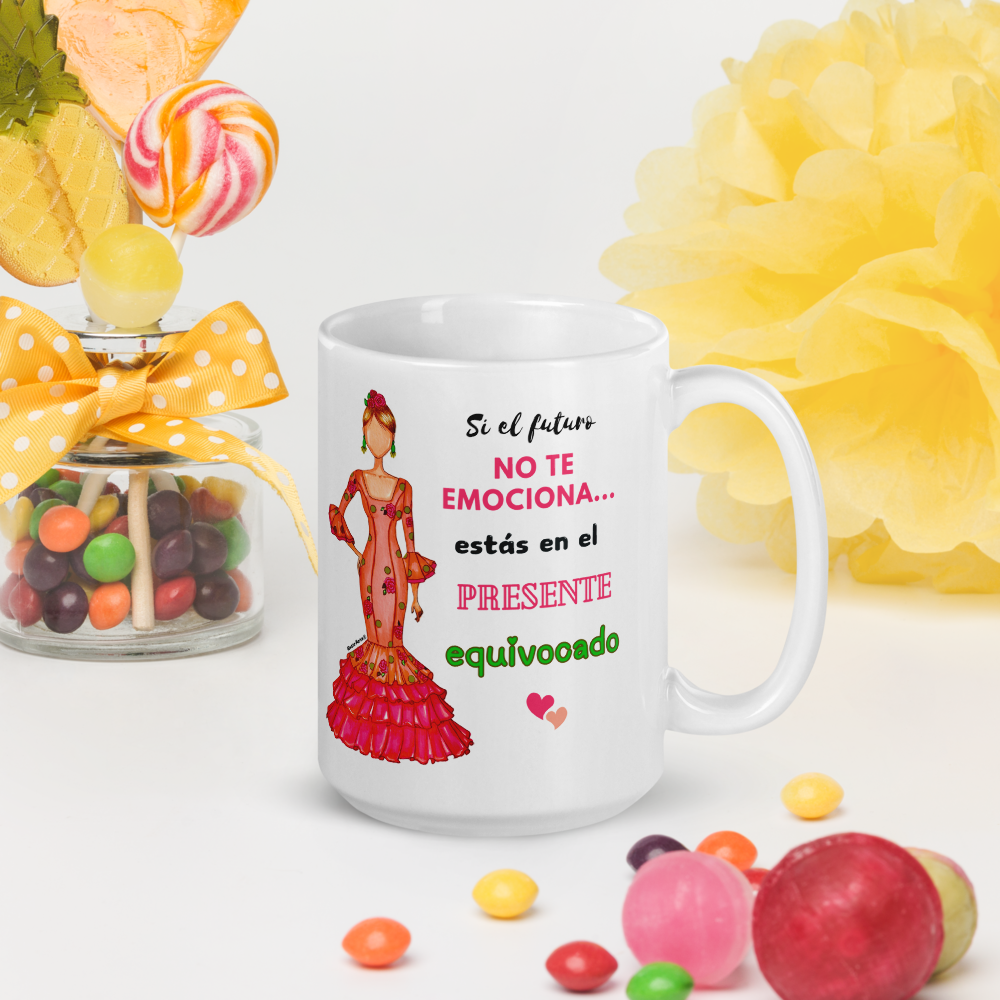 Taza de cerámica personalizable. Modelo flamenca Mónica con frase positiva.