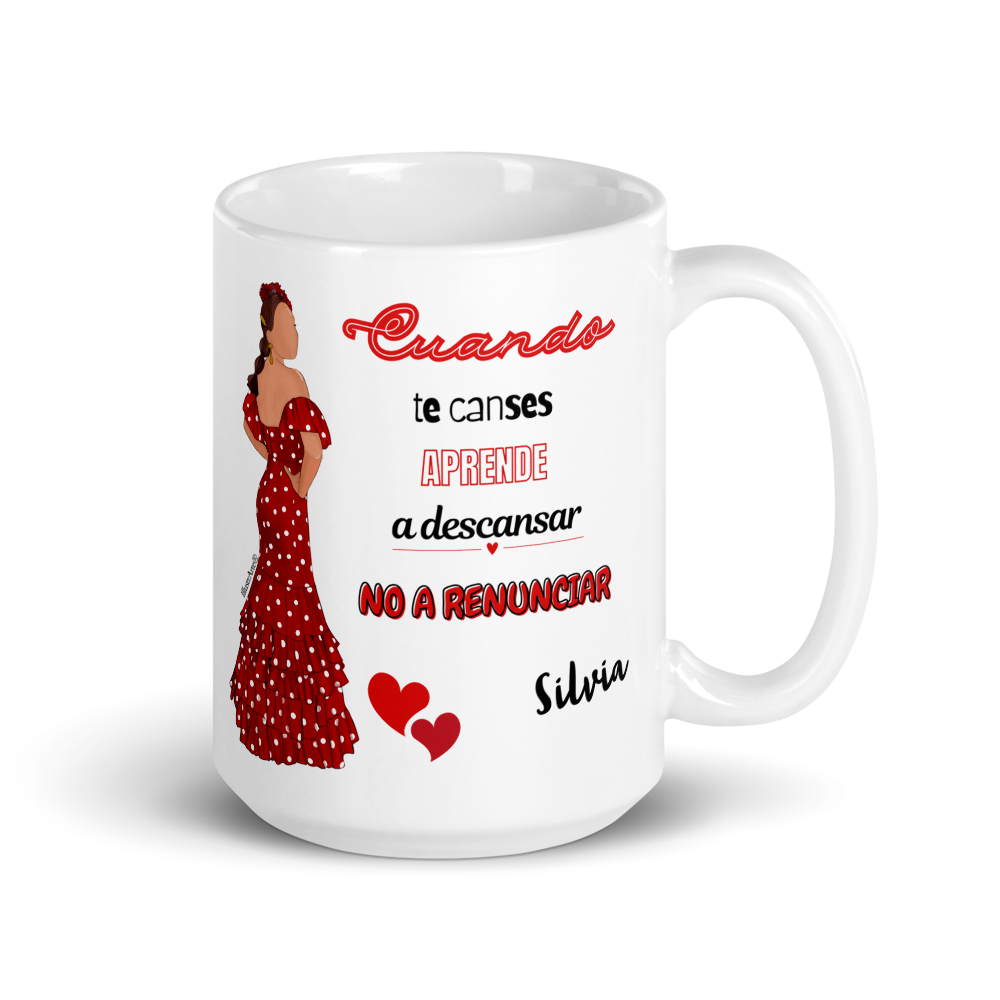 Taza de cerámica personalizable, Modelo flamenca Silvia con frase positiva.