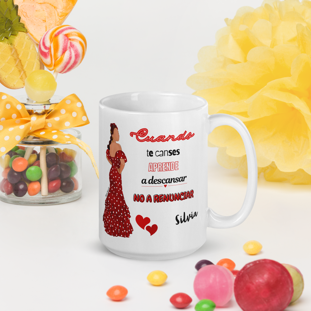 Taza de cerámica personalizable, Modelo flamenca Silvia con frase positiva.