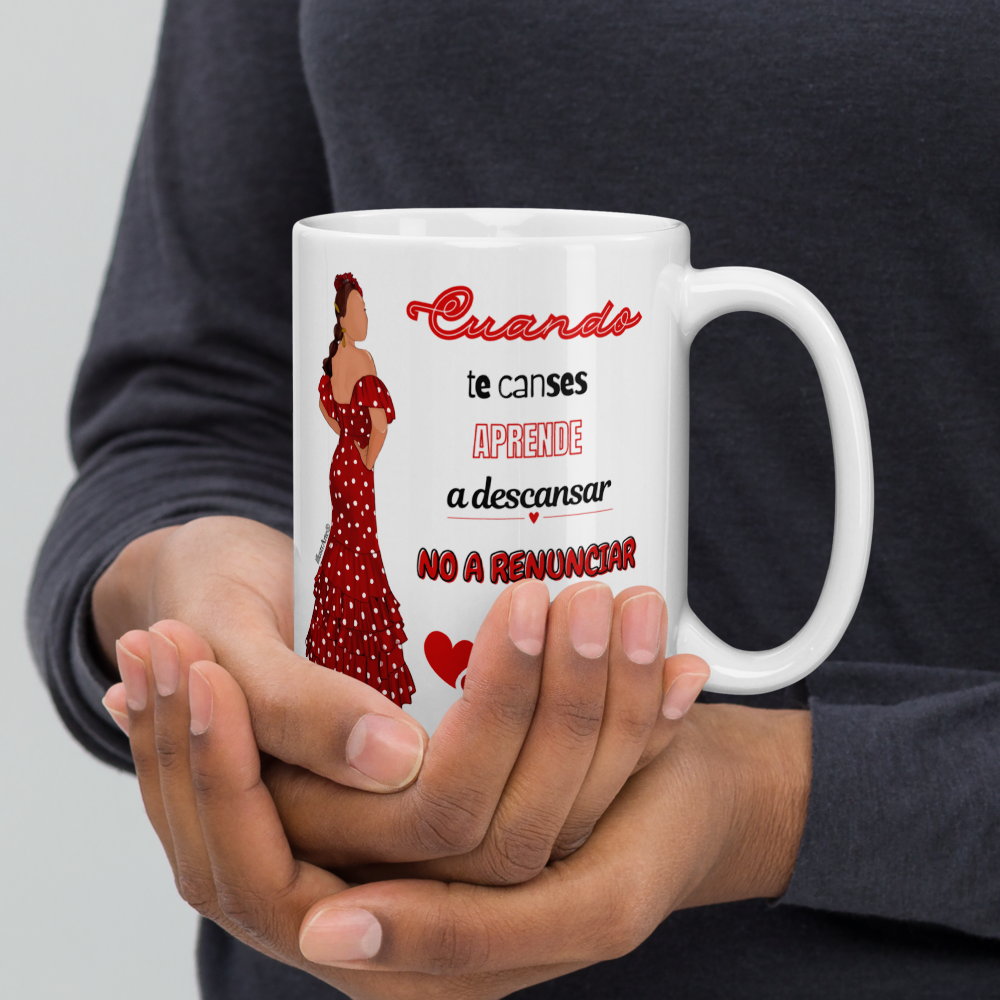 Taza de cerámica personalizable, Modelo flamenca Silvia con frase positiva.