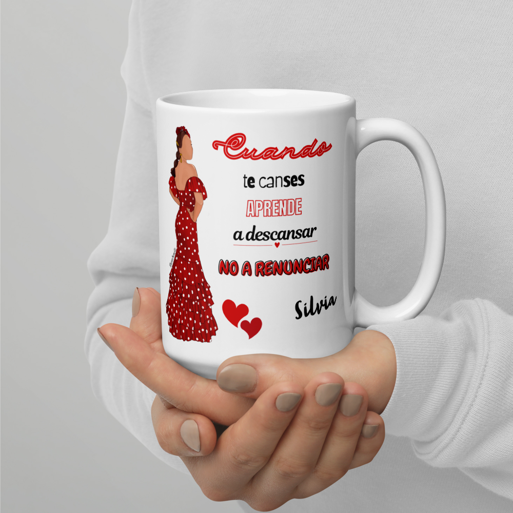 Taza de cerámica personalizable, Modelo flamenca Silvia con frase positiva.