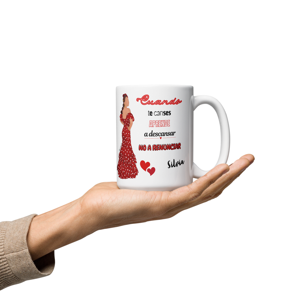 Taza de cerámica personalizable, Modelo flamenca Silvia con frase positiva.