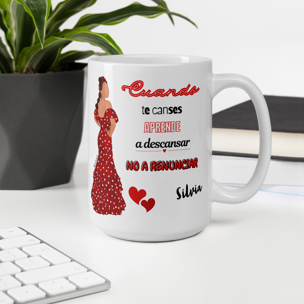 Taza de cerámica personalizable, Modelo flamenca Silvia con frase positiva.