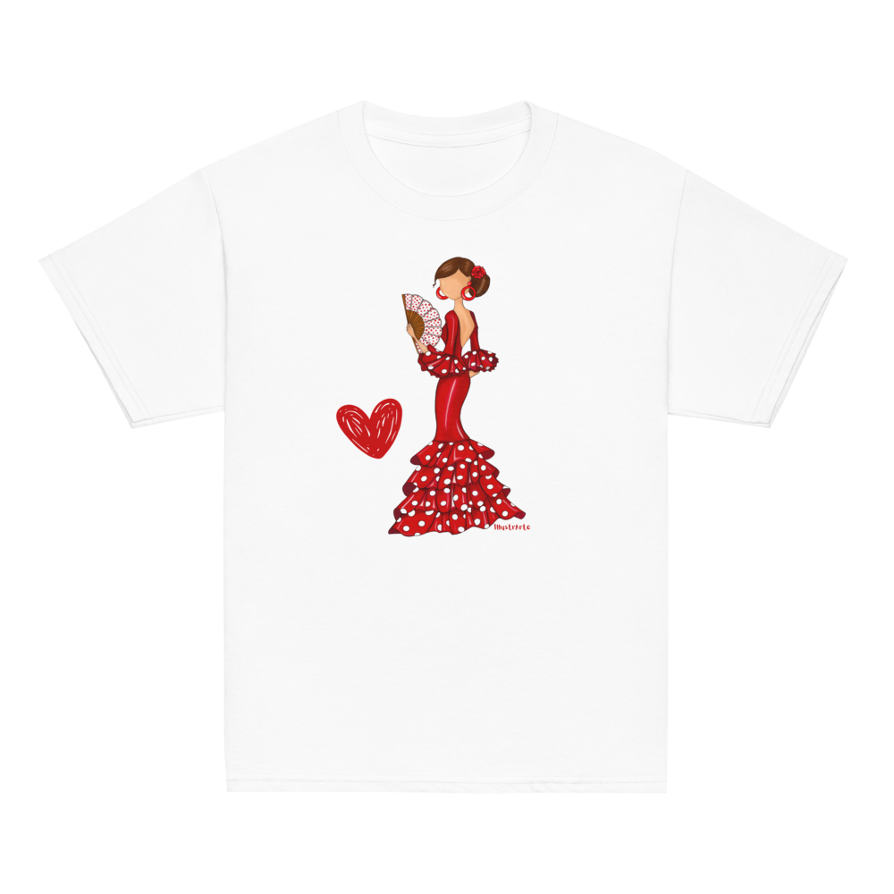Detalles del diseño de la Camiseta Flamenca de Niñas De Algodón 100% Orgánico - Modelo Pepa, mostrando la calidad del tejido y el estilo único.
