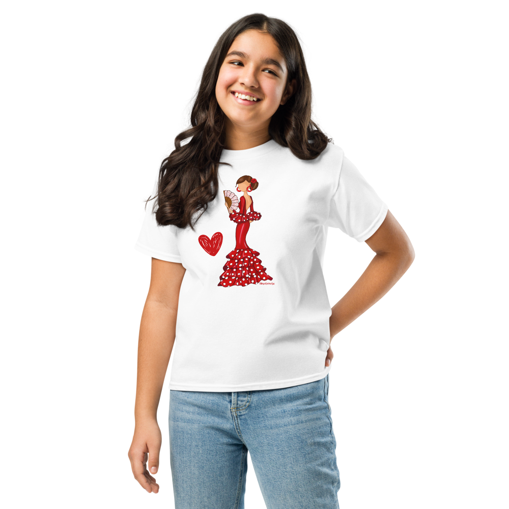 Varias niñas luciendo la Camiseta Flamenca de Niñas De Algodón 100% Orgánico - Modelo Pepa, reflejando la cultura y la alegría del flamenco.