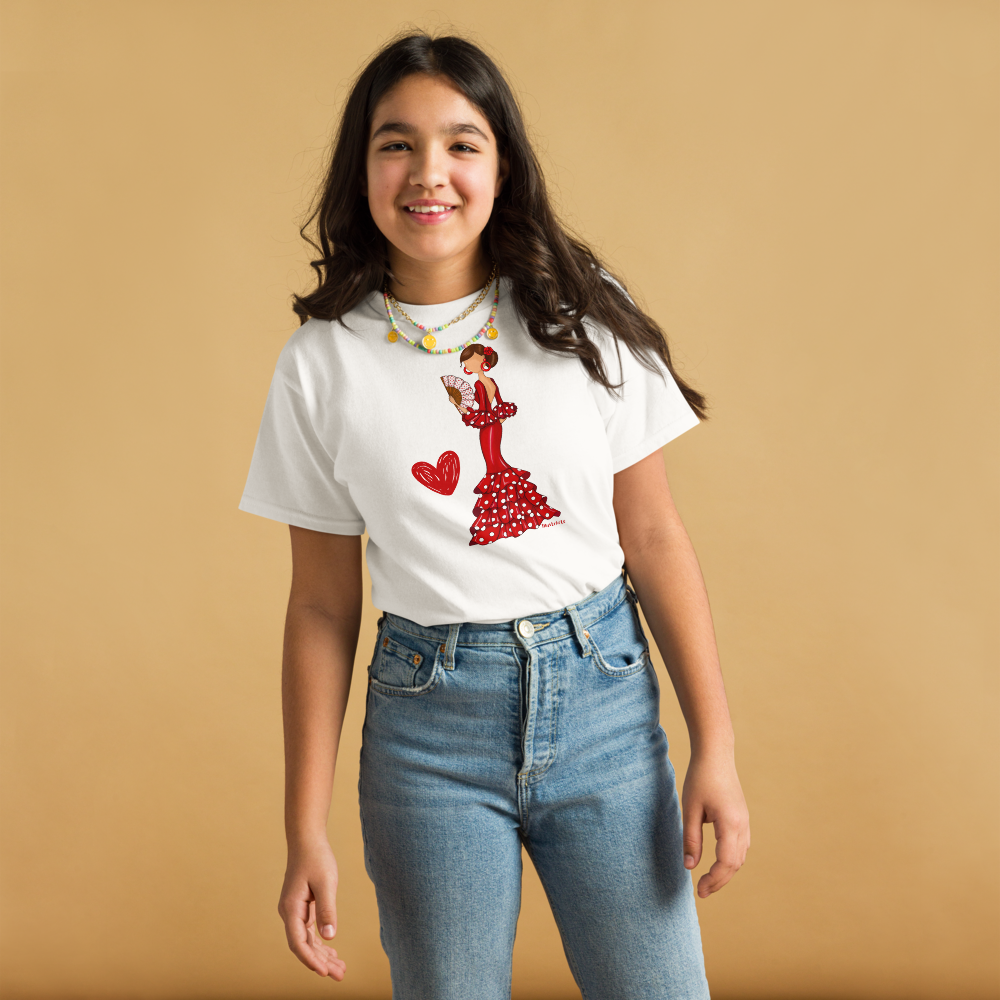 Cierre de la Camiseta Flamenca de Niñas De Algodón 100% Orgánico - Modelo Pepa, destacando la comodidad y el diseño moderno.